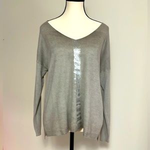 Venti6 Medium Taupe Metallic Stripe V-Neck Sweater